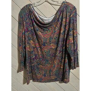 Talbots Women's XL Paisley Print Cowl Neck 3/4 Sleeve Top Blouse